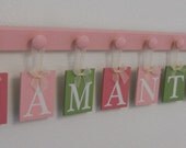 Baby Girl Nursery Decor Name Wall Hanging Letters Custom for SAMANTHA - 8 Wood Hooks Pink and Green Nursery