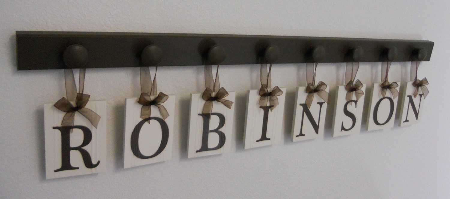 Personalized Family Name Signs Wall Decor Includes 8 Hooks and Wood Letters ROBINSON - Brown. Custom Family Name Wedding Gifts