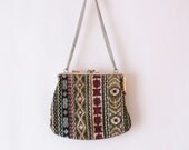 Small vintage colorful embroidered purse with double metal chain handle and clasp