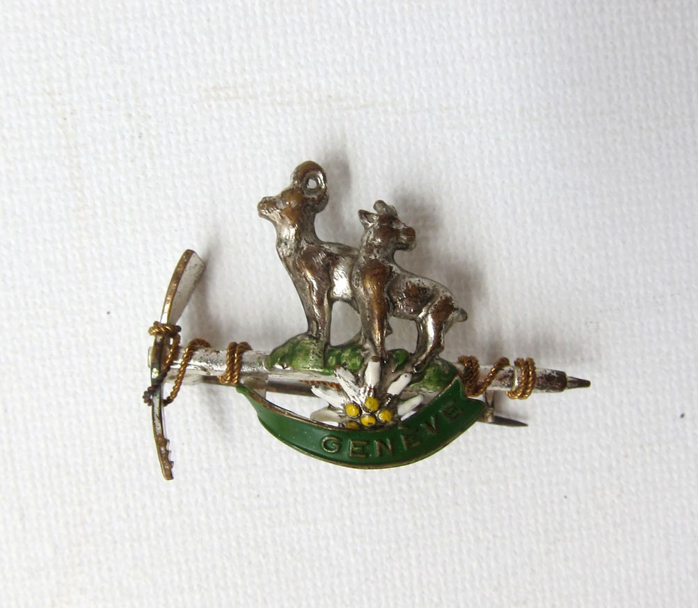 Vintage souvenir Geneva 1950s Swiss goat and mountain climbing silver enamel pin brooch
