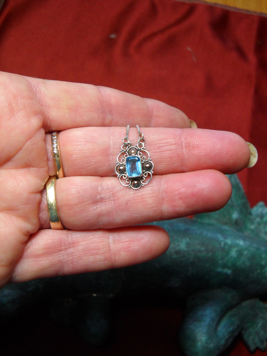 BLUE TOPAZ Sterling silver FILLIGREE Necklace, Pendant Rectangle Cut, Free Shipping
