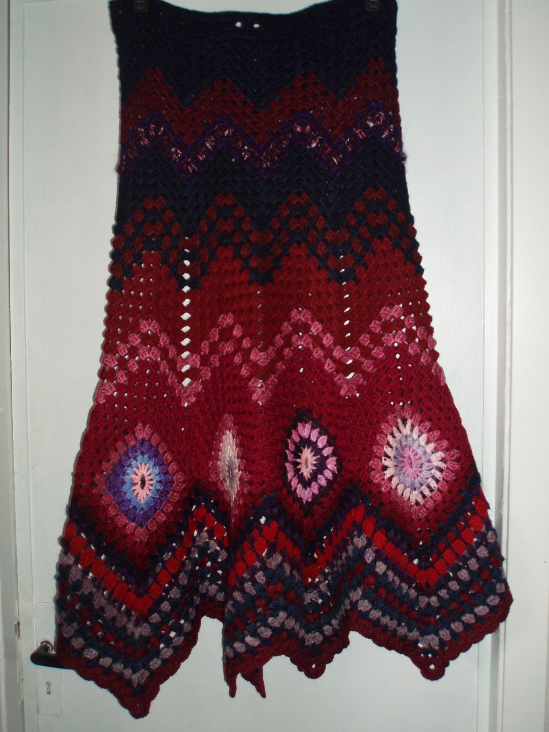 Crochet 1970-s hippie style long maxi bohemian festival skirt multicolour granny square zigzag  pattern