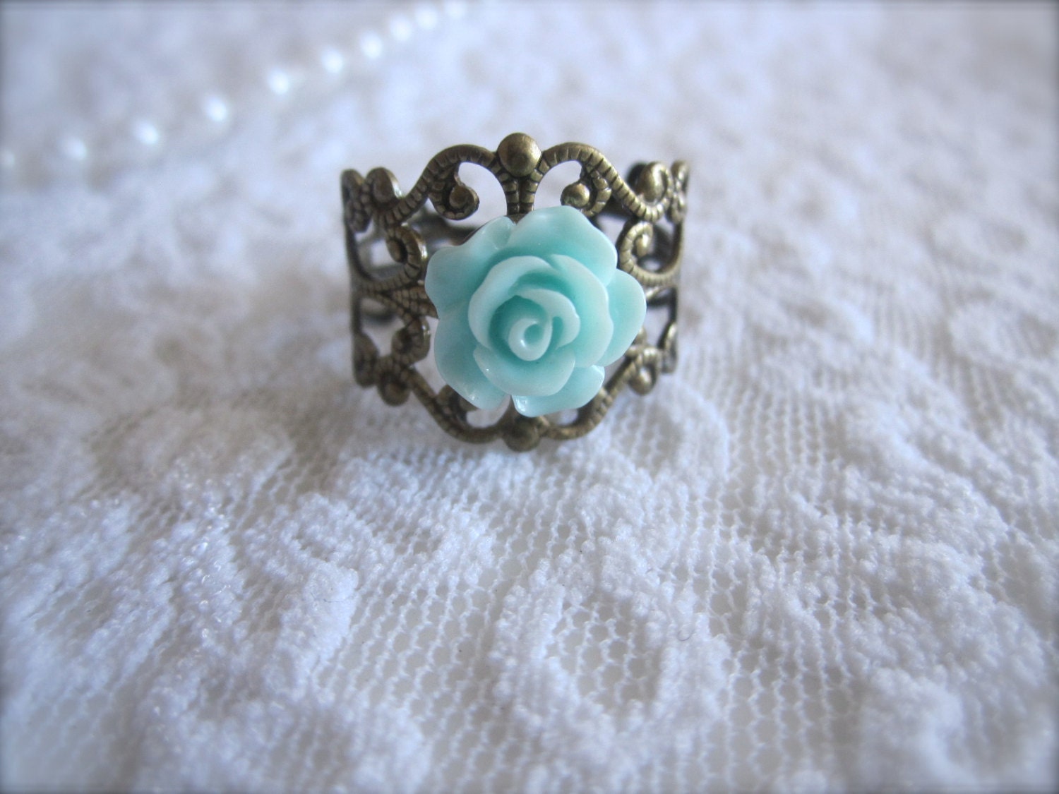 Shabby chic rose Flower Ring. Antique Brass Filigree Yellow/peach/ pink/tiffany blue flower Ring.  adjustable size. boho/victorian