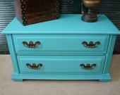 Vintage Reclaimed Peacock Blue Painted Low Chest of Drawers Dresser Media Console Credenza (MLD) Call for a Ship Quote.