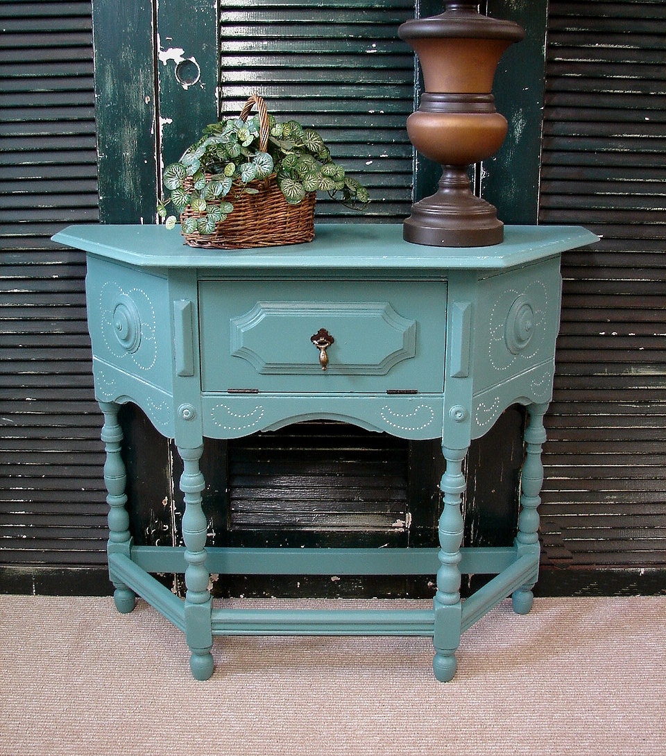 Reclaimed Arts and Crafts Robin Egg Blue Paint Credenza Wall Accent Tudor Turned Table (HAI) Shipping is not free-Call or email for a quote