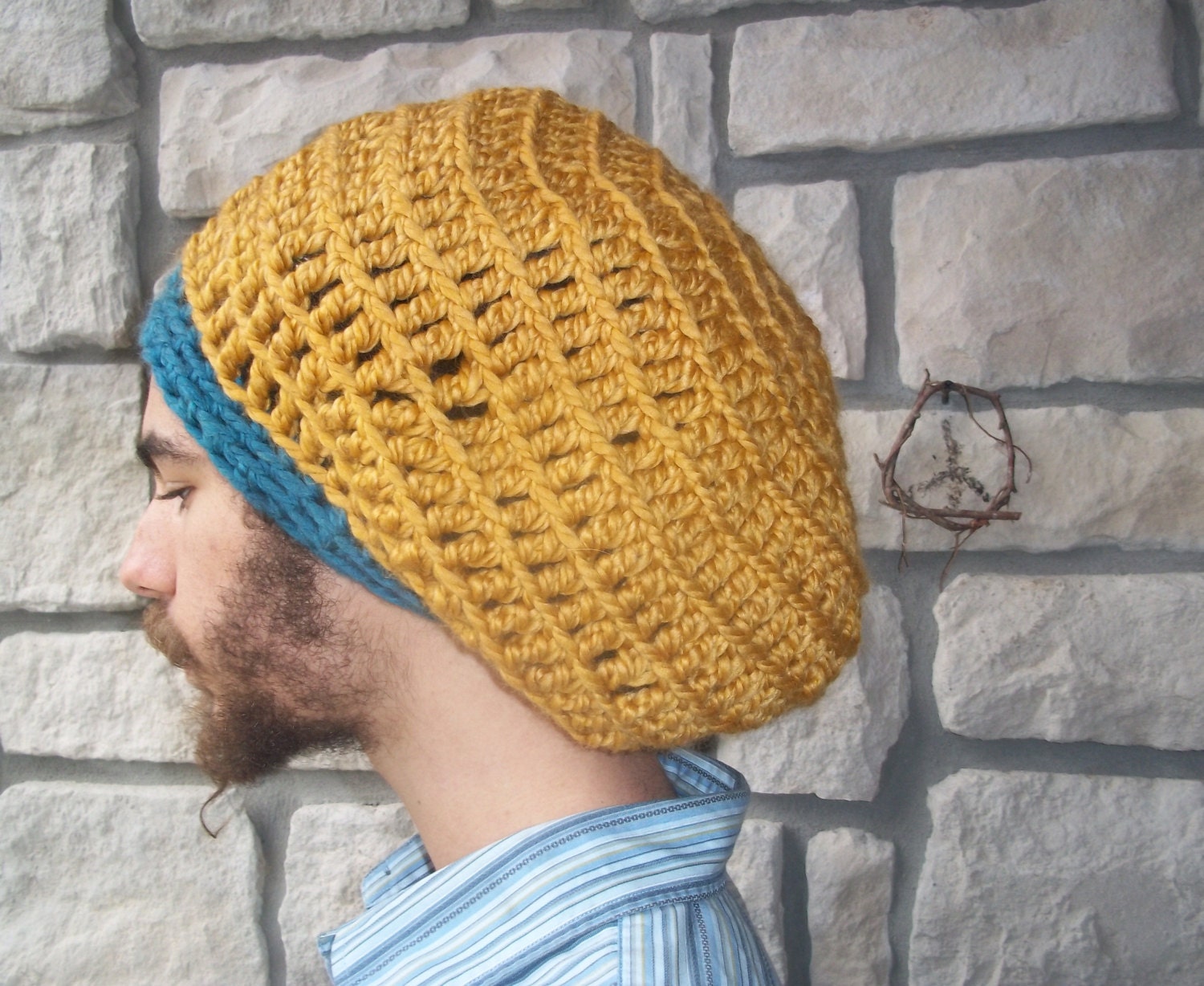 Large Dreadlock Tam in Mustard Yellow and Turquoise, Teal / Crochet Rasta Hat