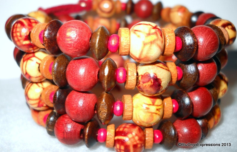 Polished Wood Bead Cuff Bracelet, Bangle, Coil Bracelet, Wrap Bracelet, Friendship, Tribal, Shambala, Bohemian,Spring Celebrations,