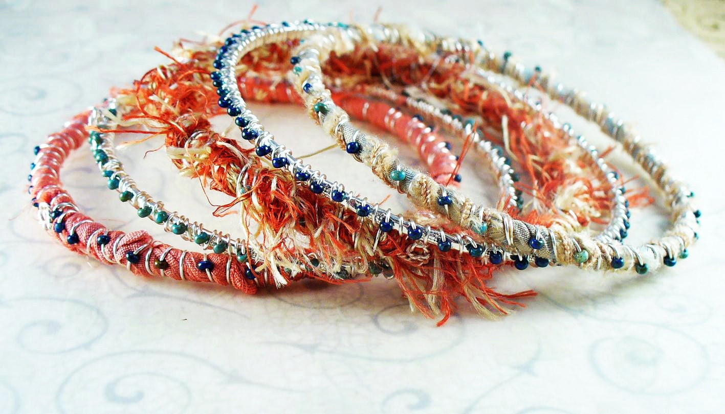 Upcycled Salmon Sari Silk Ribbon Wrapped Stackable Bangle Bracelets - Picasso Beaded Wire Wrapped