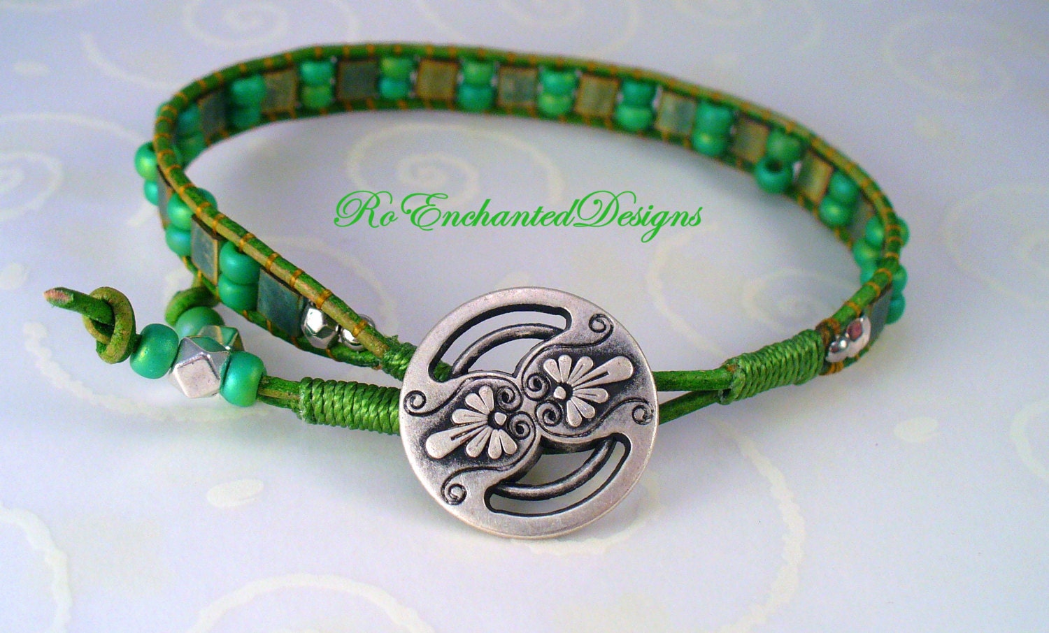 Summer Leather Wrap Bracelet - Pewter Button Clasp,  Green Genuine Leather, Mattalic Green Tila Bead, Apple Green Toho Beads