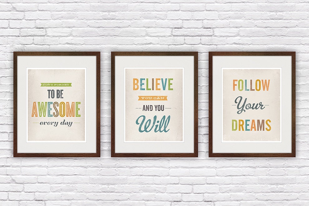 Set of three, quote poster prints, inspirational quote, vintage style print, motivational art, shabby decor, housewarming prints 8x10 or A4