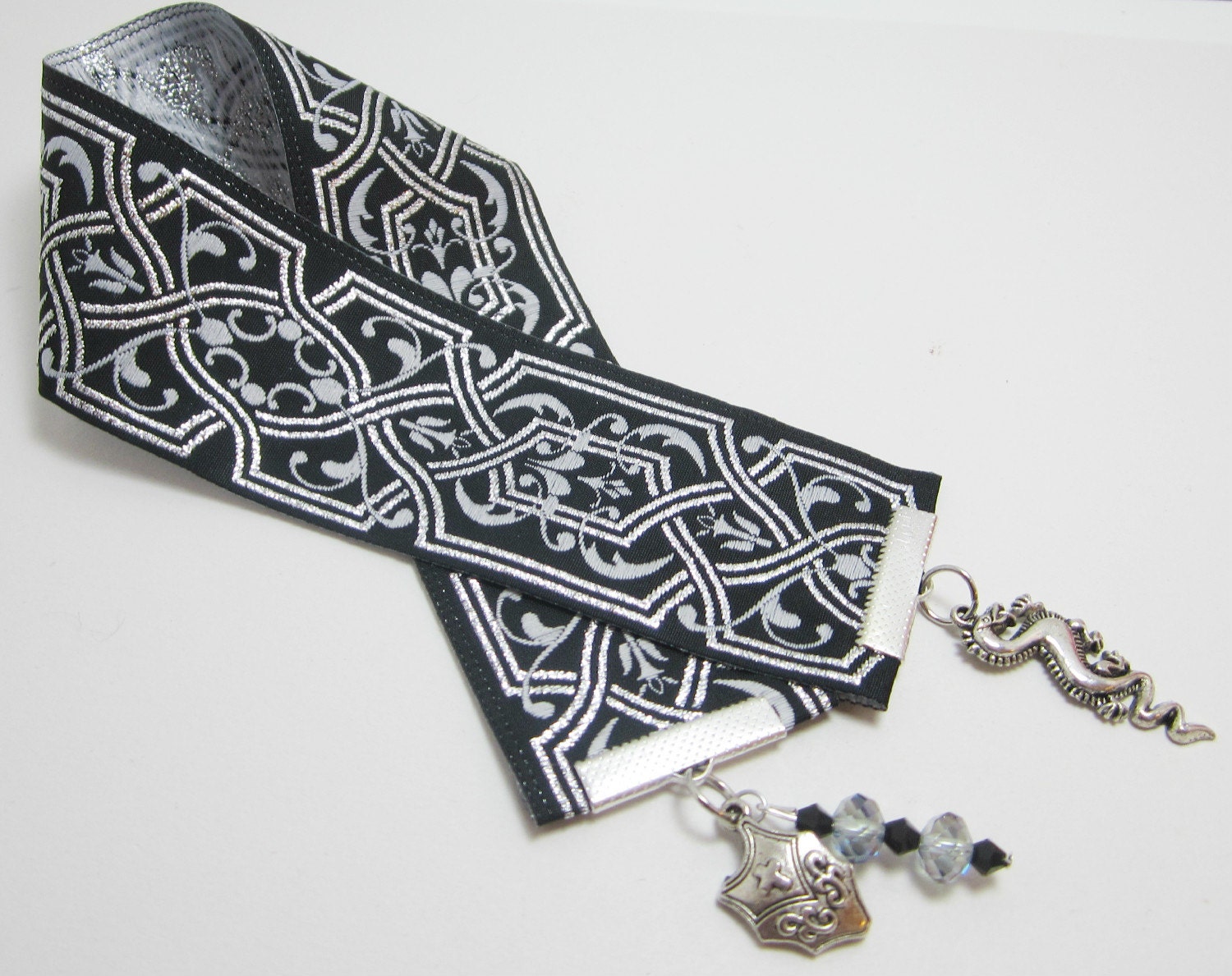 Black and Silver Fantasy Tapestry Scroll Ribbon Bookmark Dragon Shield Charms
