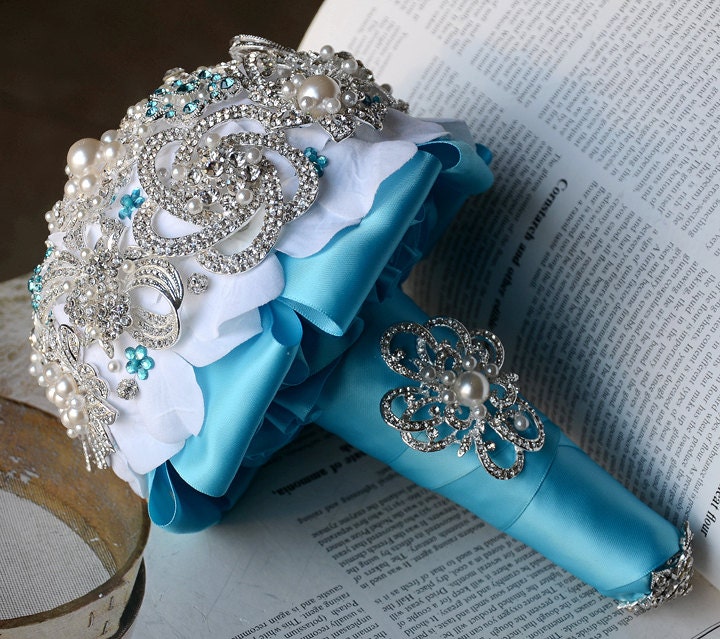 Vintage Bridal Brooch Bouquet - Pearl Rhinestone Crystal - Silver Tiffany Teal Blue White -One Day RUSH ORDER Available - BB032LX