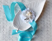 Something Blue Bridal Corsage Wedding Flower Corsage Bracelet Crystal Rhinestone Pearl Brooch Turqoise Aqua Blue White BL042LX
