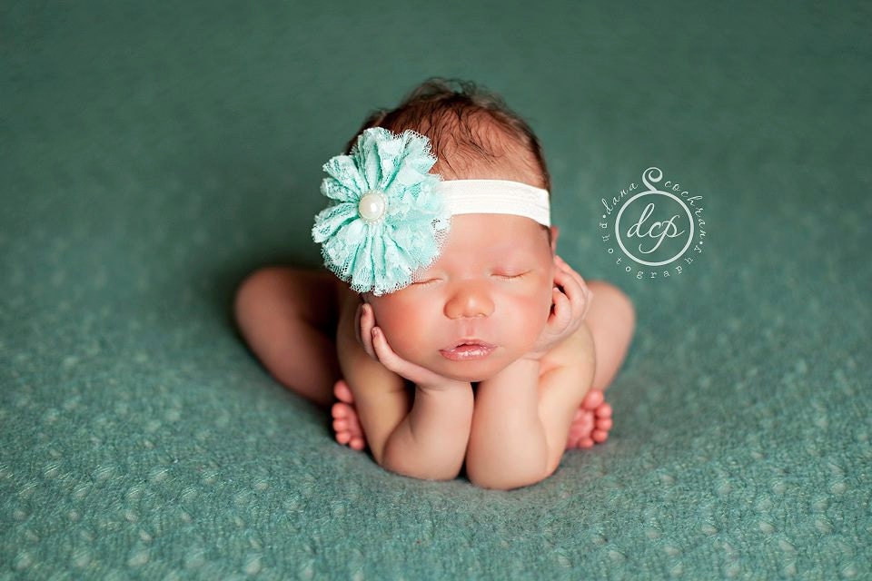 Baby Headband- Seafoam Ruffled Lace and Tulle Flower with Pearl Center on Soft Ivory Elastic Headband
