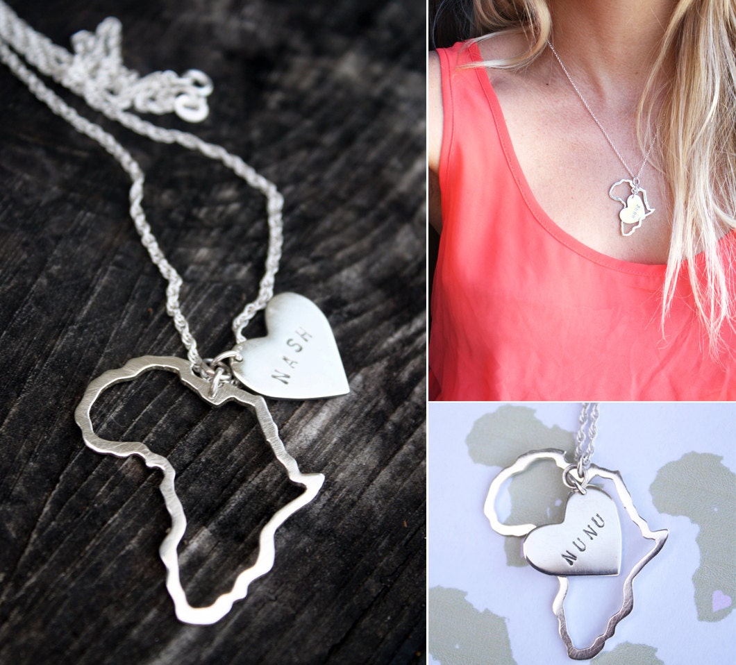 Africa necklace with heart pendant Africa charms personalized hearts mommy necklace