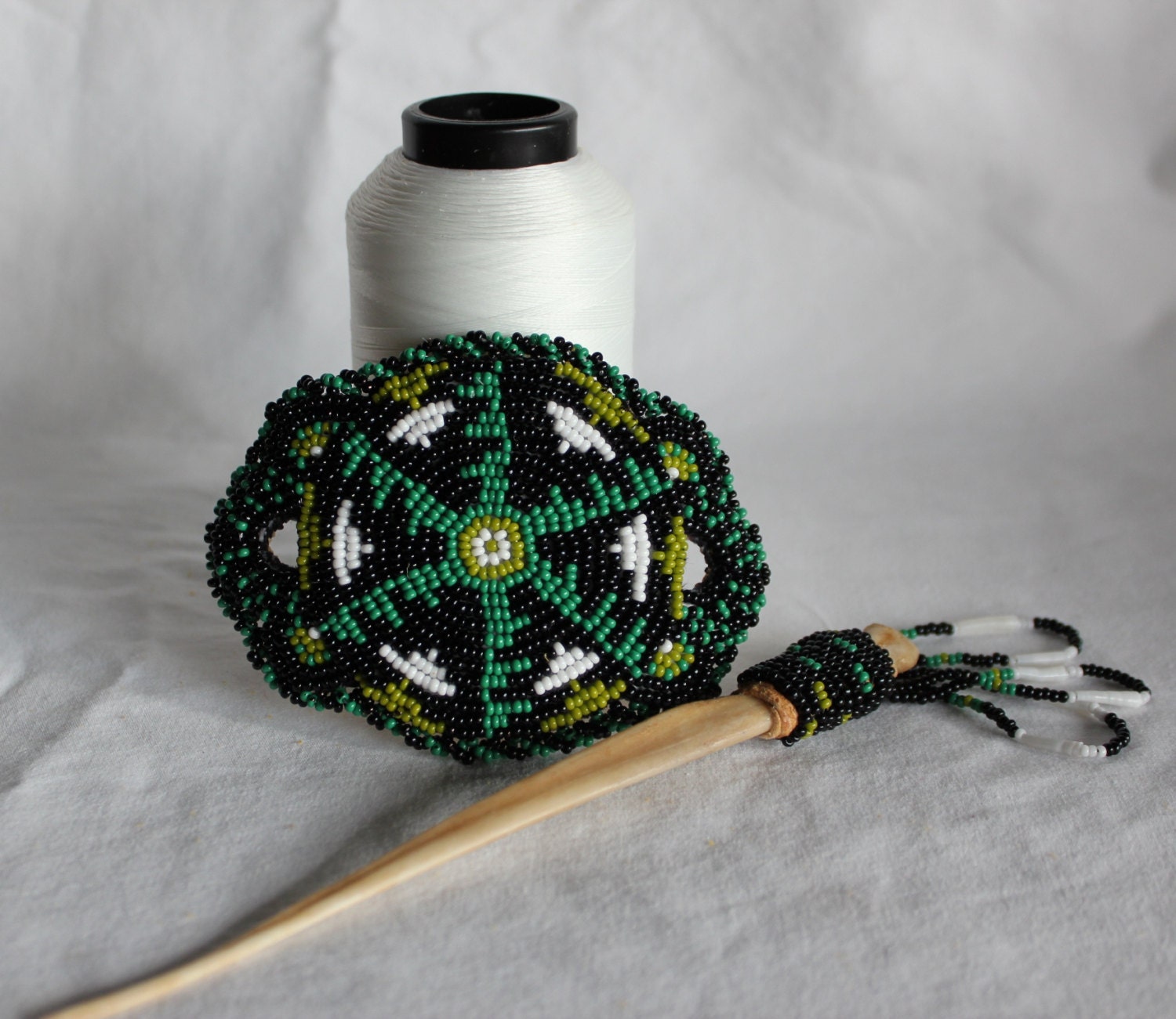 Native American Alaska Native made geen beaded basket design moose bone stick barrette NEW