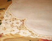 Vintage off white Linen and Lace Tea Tray Liner or Doily