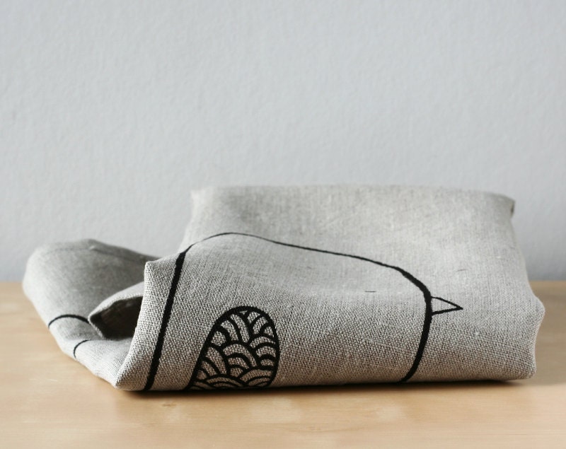 Bird tea towel - Funny Bird grey linen dishcloth - Eco friendly tea towel