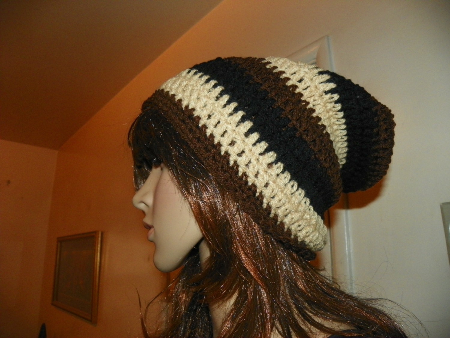 Slouch Hat Black Brown Beige Mens Teen Women Unisex Sloucy Beanie Hat Hand Crochet