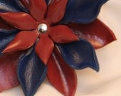 Blue and Maroon Leather Flower Hair Clip