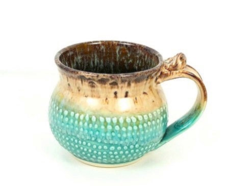 Coffee Mug / Round and Dotty / Made to Order / Handmade Pottery / Green Brown and Cream