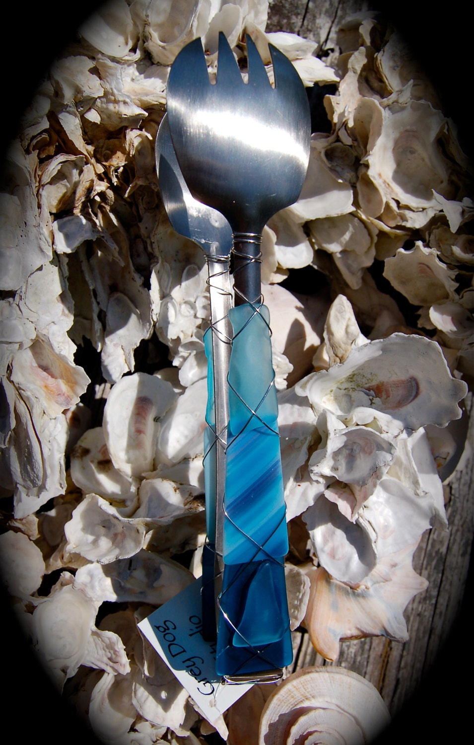 Sea Glass Salad Tong made with Recycled Bottle "Tumbled Island Glass"  in Turquoise Stripes. Dishwasher safe Stainless.