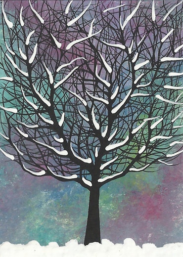 Tree with Snow, Original ACEO, Artist Trading Card, ATC. Acrylic Paint.