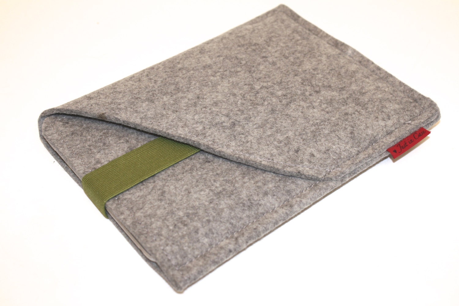 iPad Case Mini Wool Felt Double Pocket in Granite with Avocado Elastic Trim