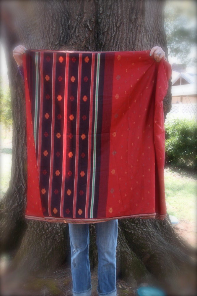 Vintage Silk Sari, India / Red Southwest Geometric Print / 6 yards, Crafting Supplies, Repurposing, Vintage Indian Textile / Boho Fashion