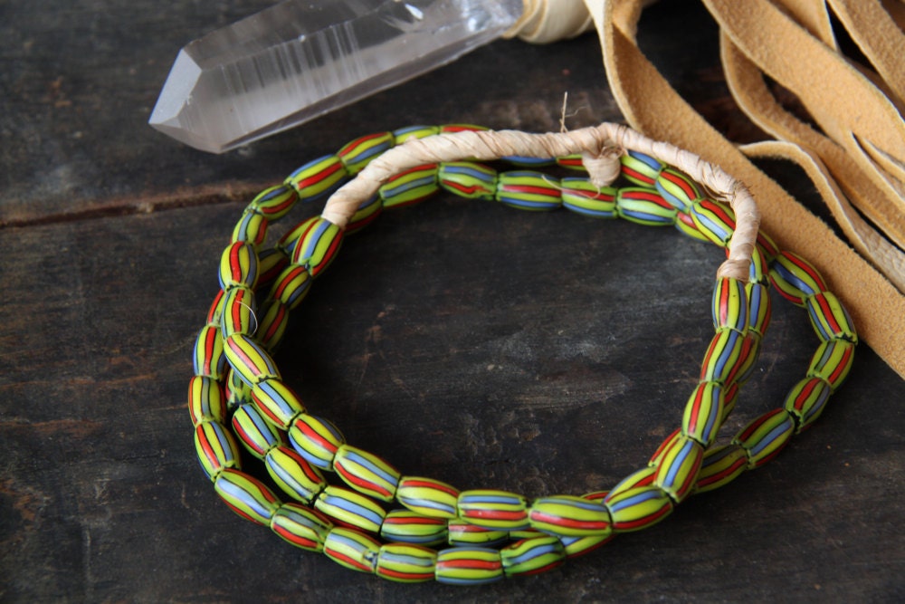 Neon Antique Italian/African Chevron Necklace: Yellow, Red, Grey-Blue Old African Trade Beads / 15x8mm / Boho Spring Summer Fashion