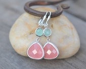 Coral Pink Teardrop and Aqua Jewel Dangle Earrings in Silver. Fashion Earrings. Bridesmaid Earrings. Drop Earrings.