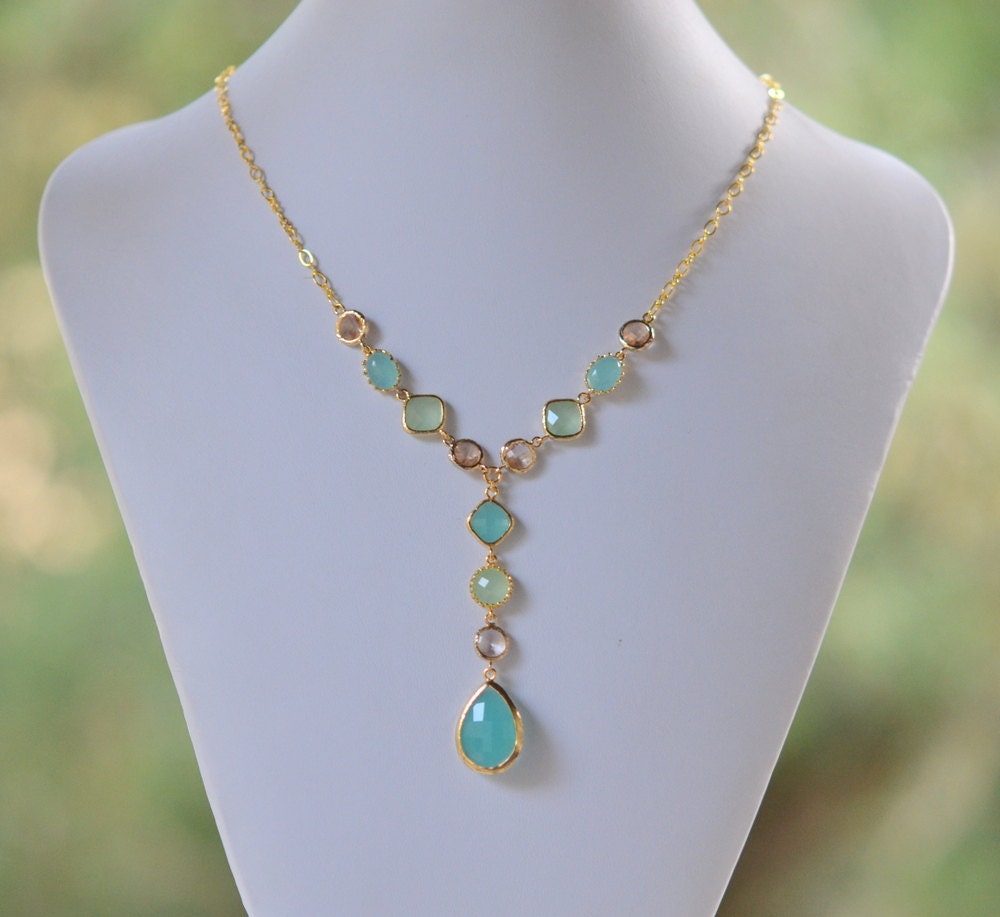Long Jewel Statement Necklace in Shades of Turquoise, Champagne and Mint. Gold Jewel Fashion Jewelry. Statement Jewelry.
