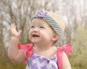 Baby Crochet Headband in Lavender and Blue Variegated Colors, Starfish, Bling, Newborn to Toddler