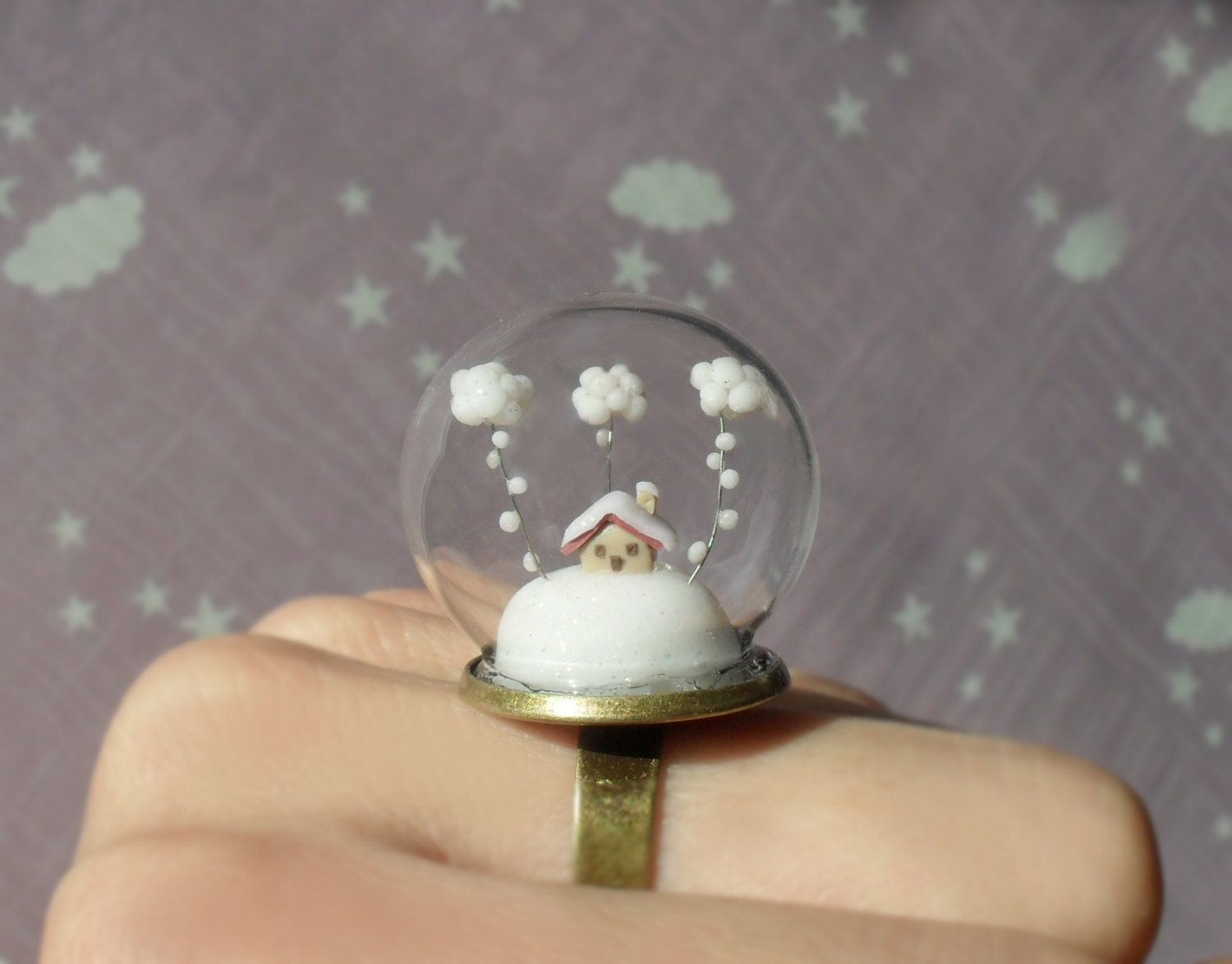 Christmas Ring Snow-covered landscape-Little house and white clouds- Winter Terrarium ring.