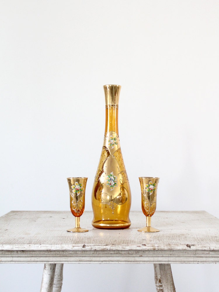 Vintage Wine Decanter Set / Italian Hand Painted Wine Set