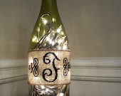 Embroidered Burlap Lighted Wine Bottle