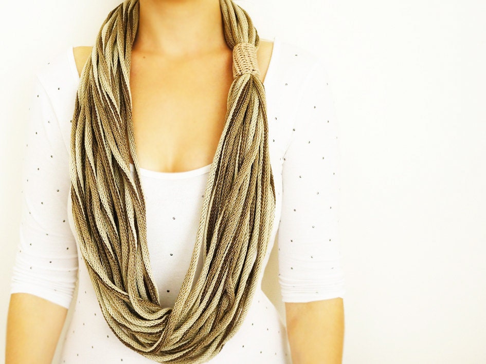 SCARF // Handmade Infinity Eternity Scarf Noodle Scarves Cotton Fashion Neckwarmer Circle Necklace Chunky Cowl Beige Brown