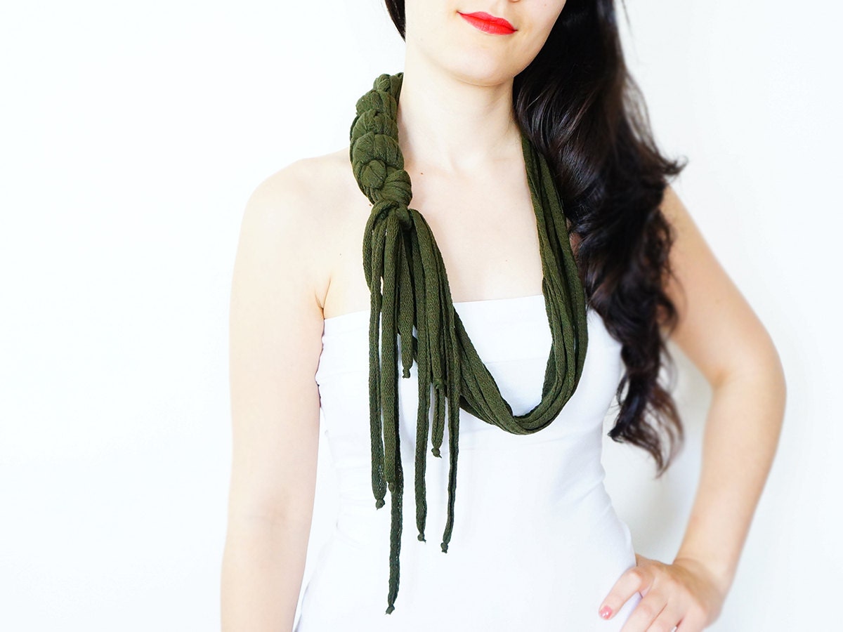 SCARF // Handmade Infinity Eternity Scarf Noodle Scarves Cotton Fashion Neckwarmer Circle Necklace Chunky Cowl Dark Green Khaki