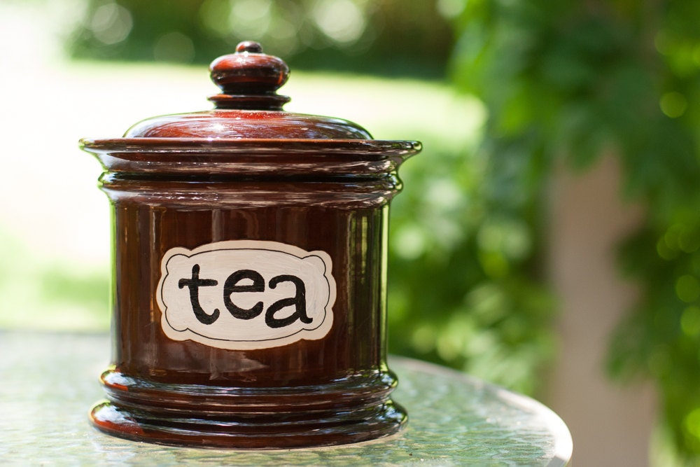 Hand Painted Tea Canister - Large, chocolate brown ceramic canister with "TEA" emblazoned on front