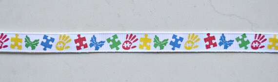 Primary Autism Puzzle pieces Awareness on white 3/8 inch grosgrain ribbon Il_570xn