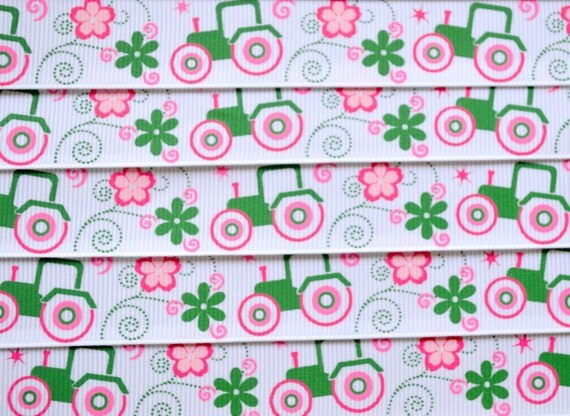 Pink tractors & flowers 7/8 inch grosgrain ribbon Il_570xn