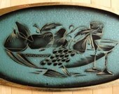 Vintage Mid-Century Oppenheim Brass Tray Made in Israel 1950s Black Engraved Design of Glasses and Fruit on Teal Enamel