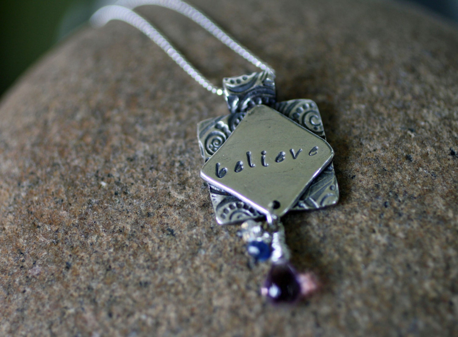 One Word - fine silver pendant with gemstones and sterling silver chain