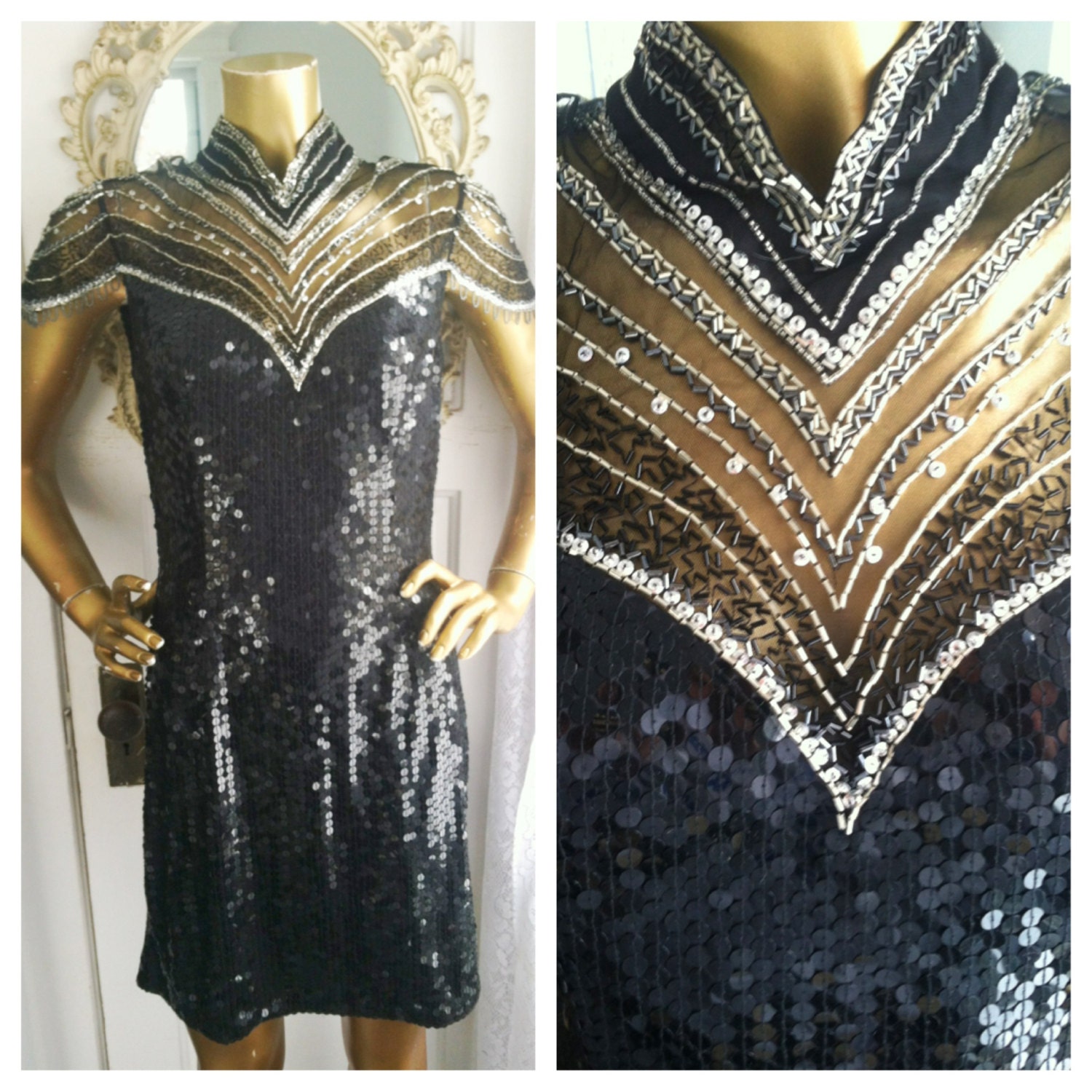 Sheer and Sequin Beaded Cocktail Dress