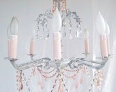Distressed White VINTAGE Chandelier PINK Crystal & Candle Covers 8 Arm/Light ROMANTIC French Country Chic Brass