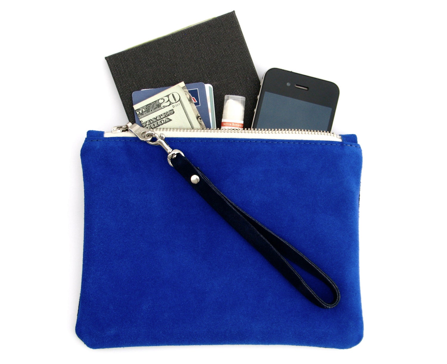C O L O R . B L O C K  / / /  The Leather Writer's Pouch Wristlet / / / cobalt blue & navy suede leather zipper clutch
