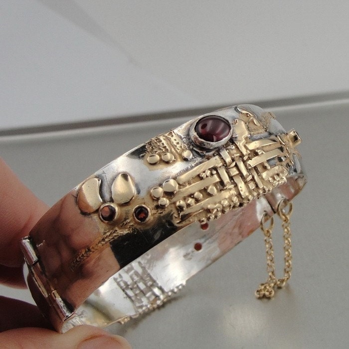 Hadar Handmade Unique Art Gold Silver Garnet Bracelet (b 77)