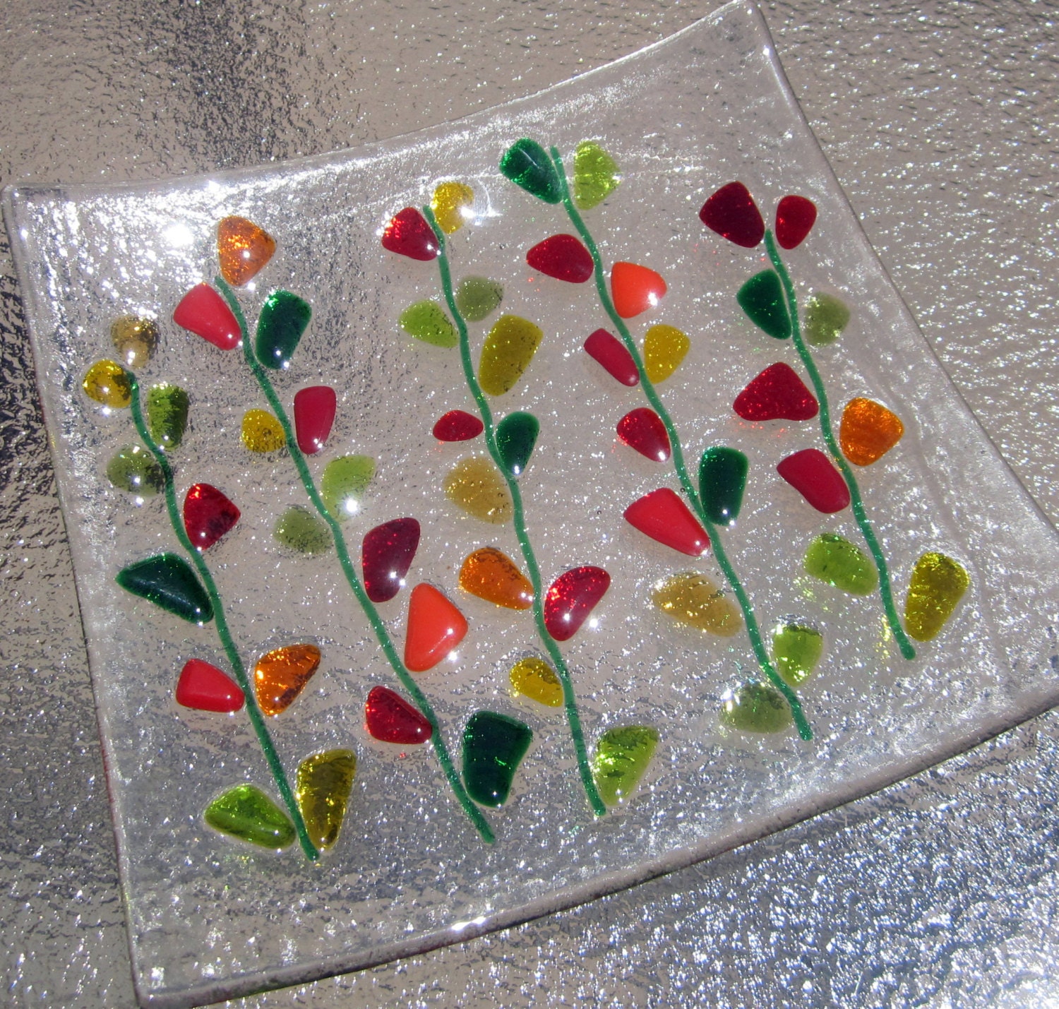 Fused Glass Plate, Blooming Branches in Reds, Orange, Yellow, and Amber