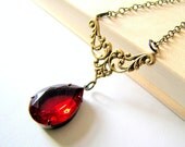 Vintage Red Rhinestone Necklace Red Filigree Teardrop Pendant Valentines Day Jewelry For Her Under 50
