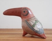 Clay Bird - Toucan - Hand Painted Pottery - Tonala - 1970's